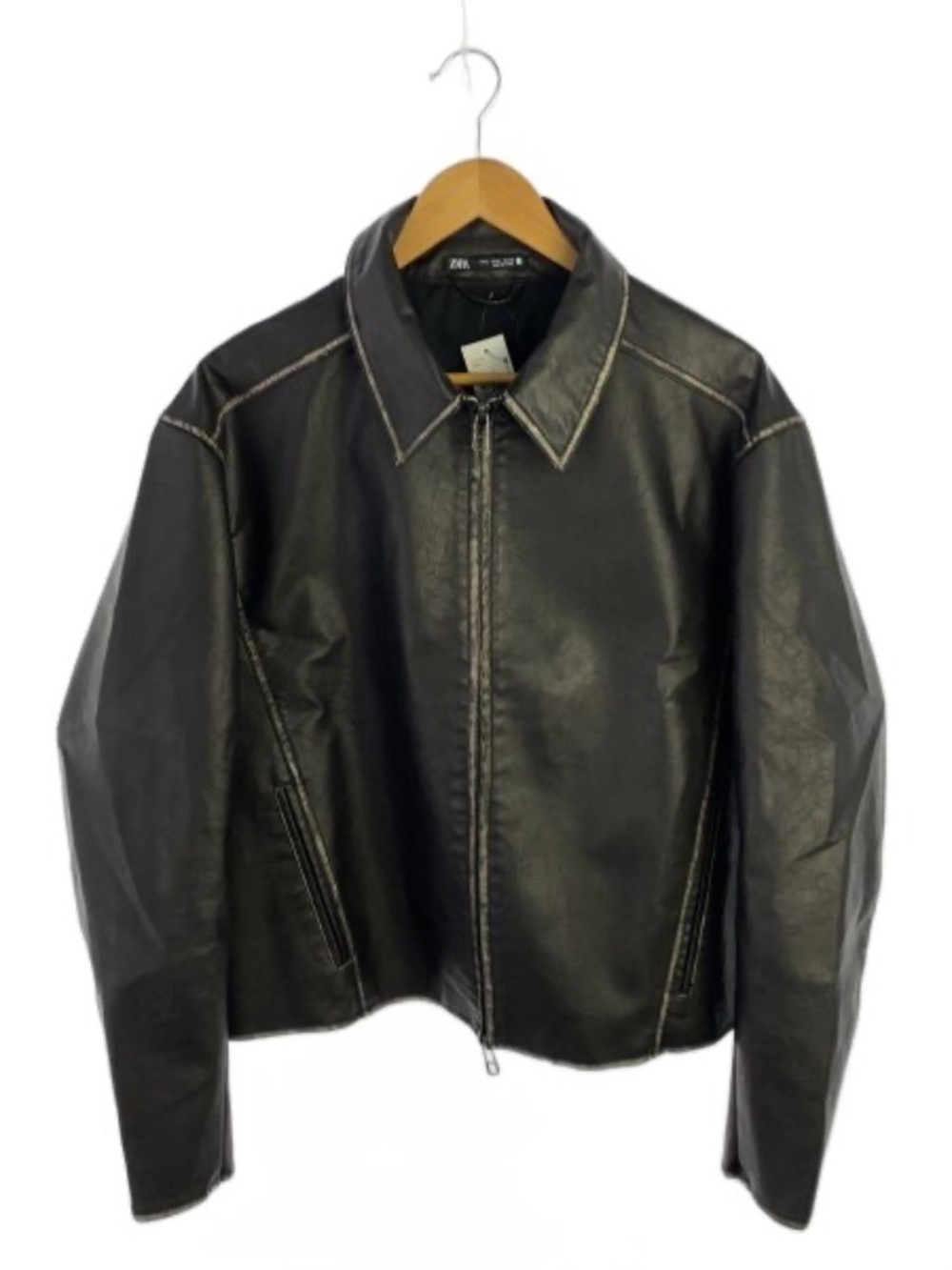 ZARA Oversized Distressed Faux Leather Jacket | Washed Black